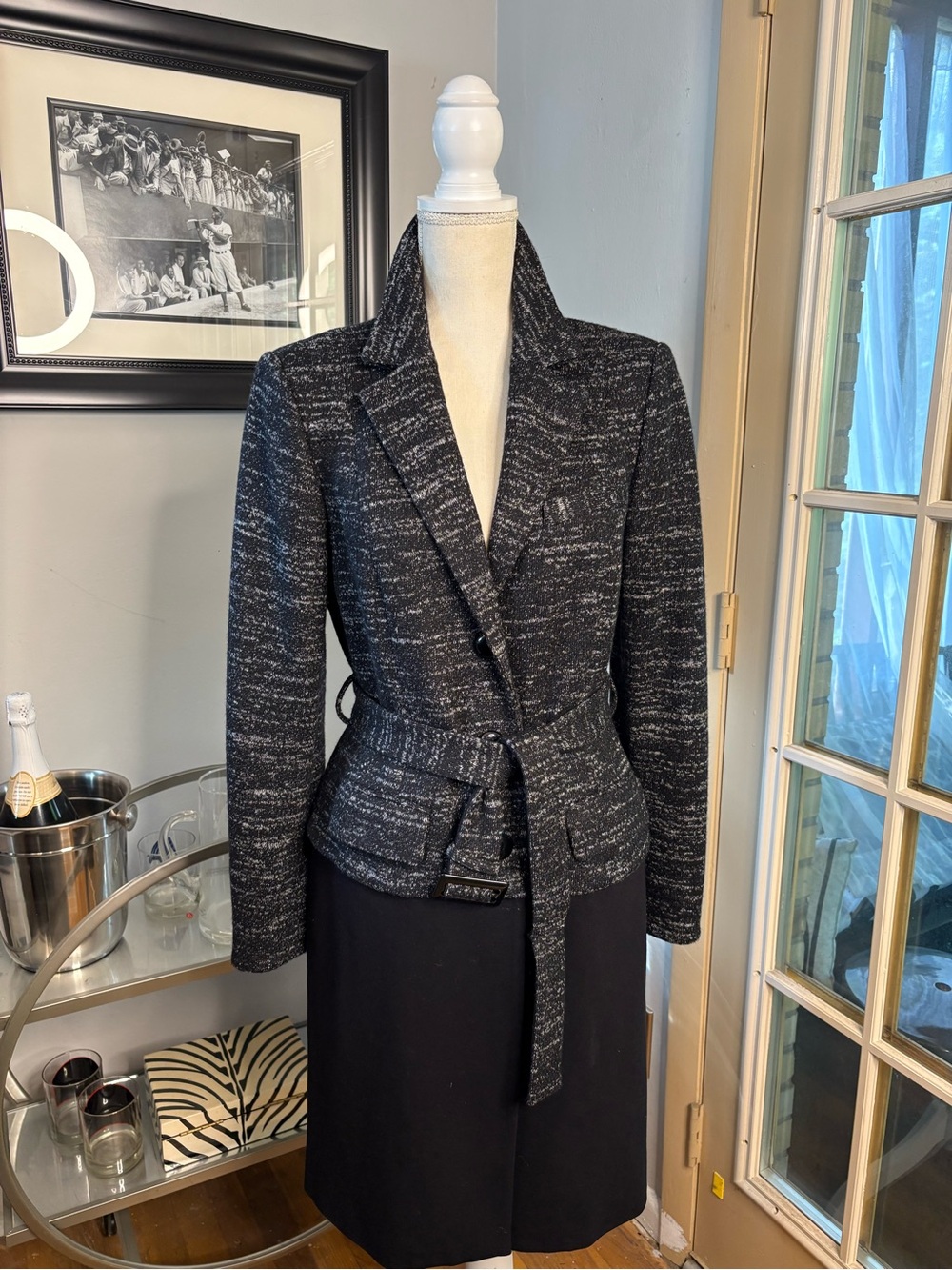 Worth Black & Gray Tweed Belted coat Worth